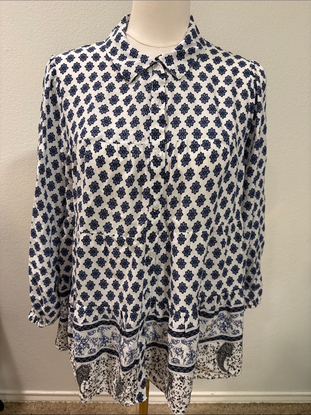 Cato White and Navy Printed Button-Down Shirt